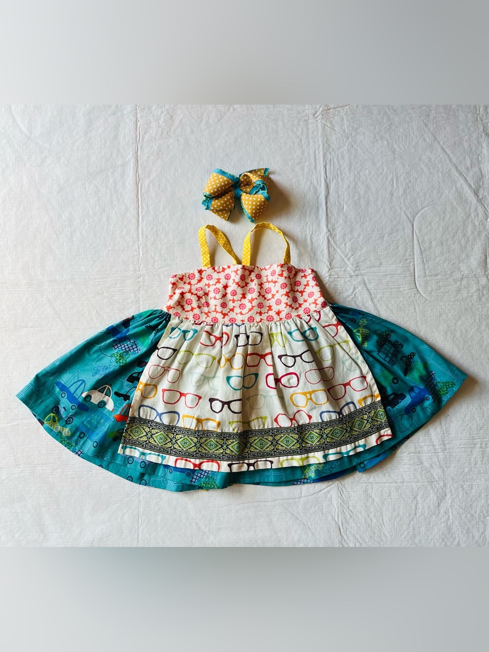 Platinum Matilda Jane cars, glasses teal blue, yellow Apron tunic & matching bow